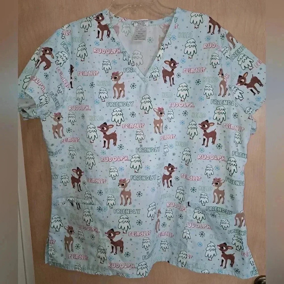 Rudolph the Red Nosed Reindeer Holiday Scrub Top XL Light Blue - Picture 1 of 4